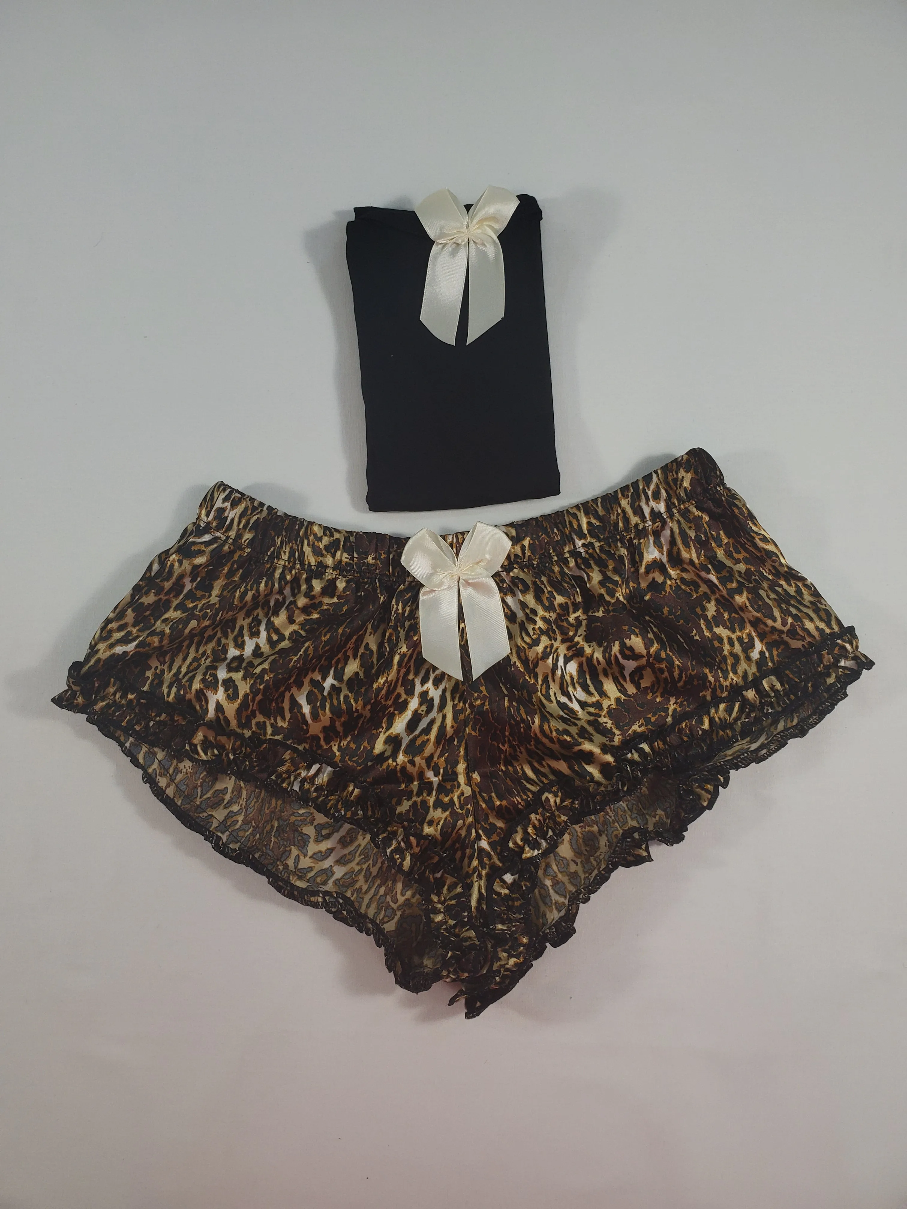 Women's Sexy pajama black satin shorts leopard theme black blouse
