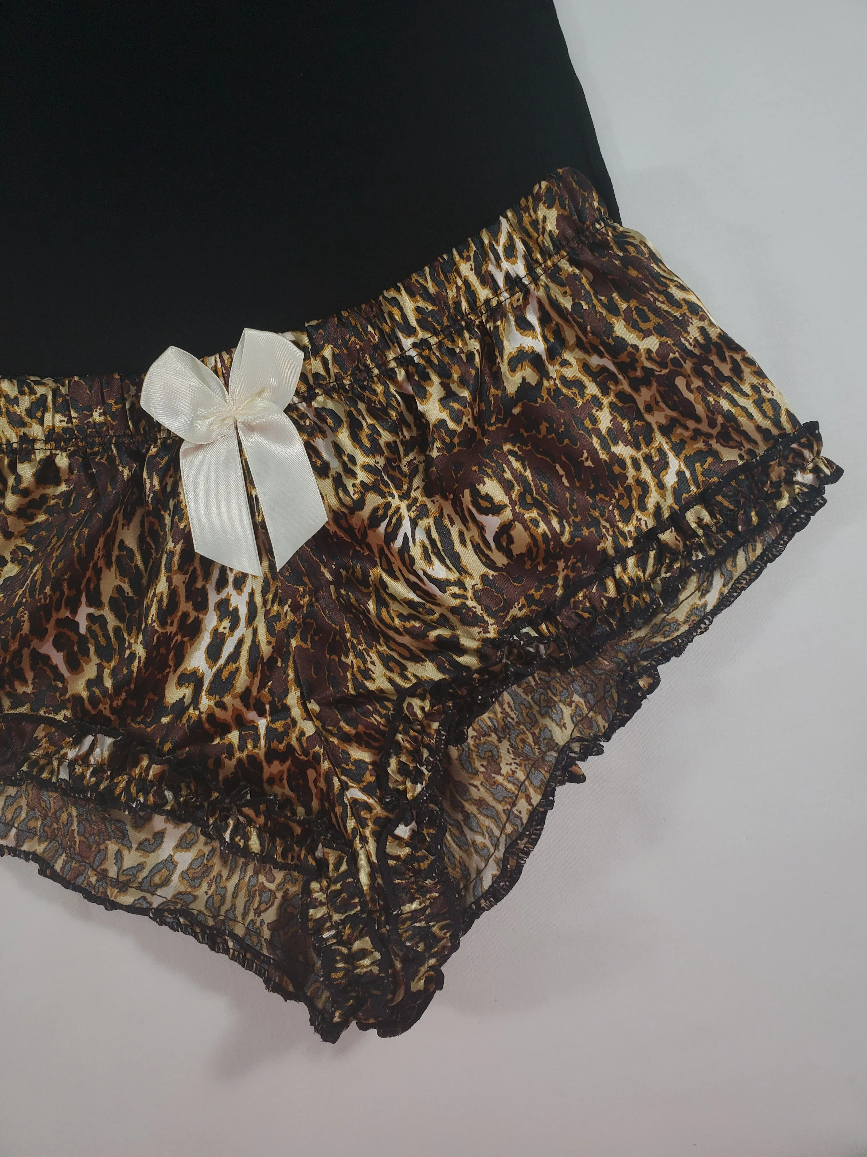 Women's Sexy pajama black satin shorts leopard theme black blouse