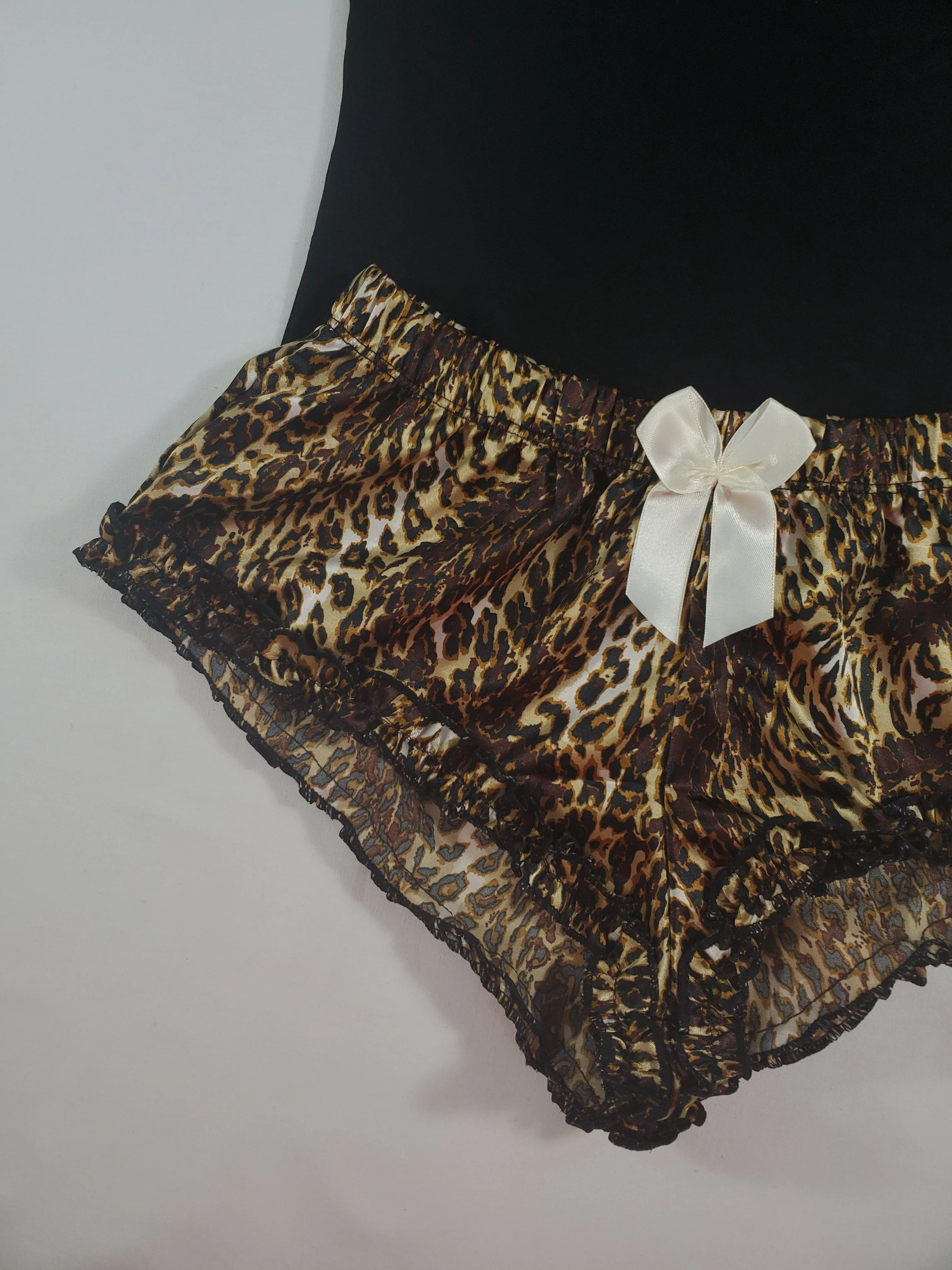Women's Sexy pajama black satin shorts leopard theme black blouse