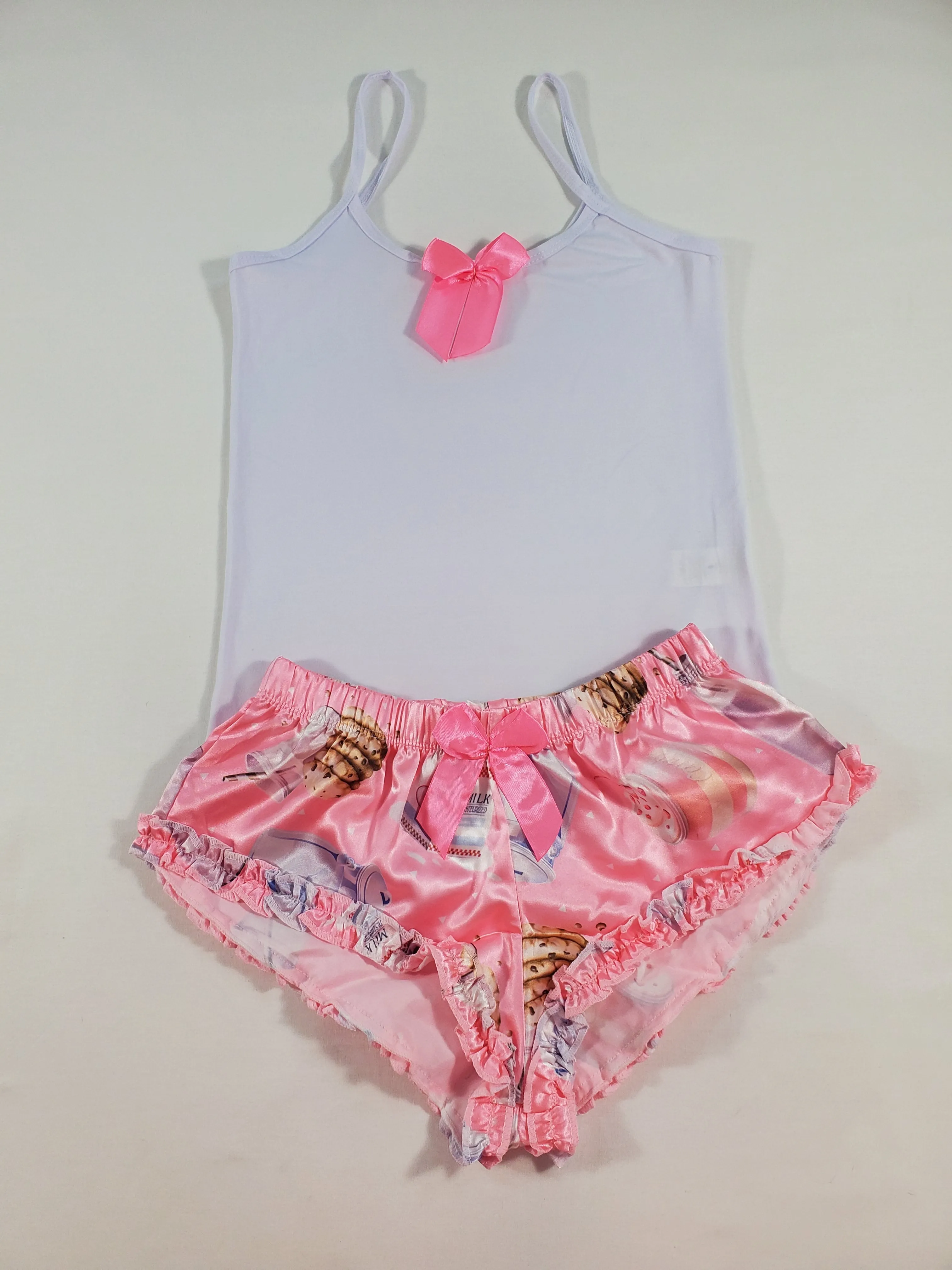 Women's Sexy pajama pink satin shorts cookies and milk theme white blouse