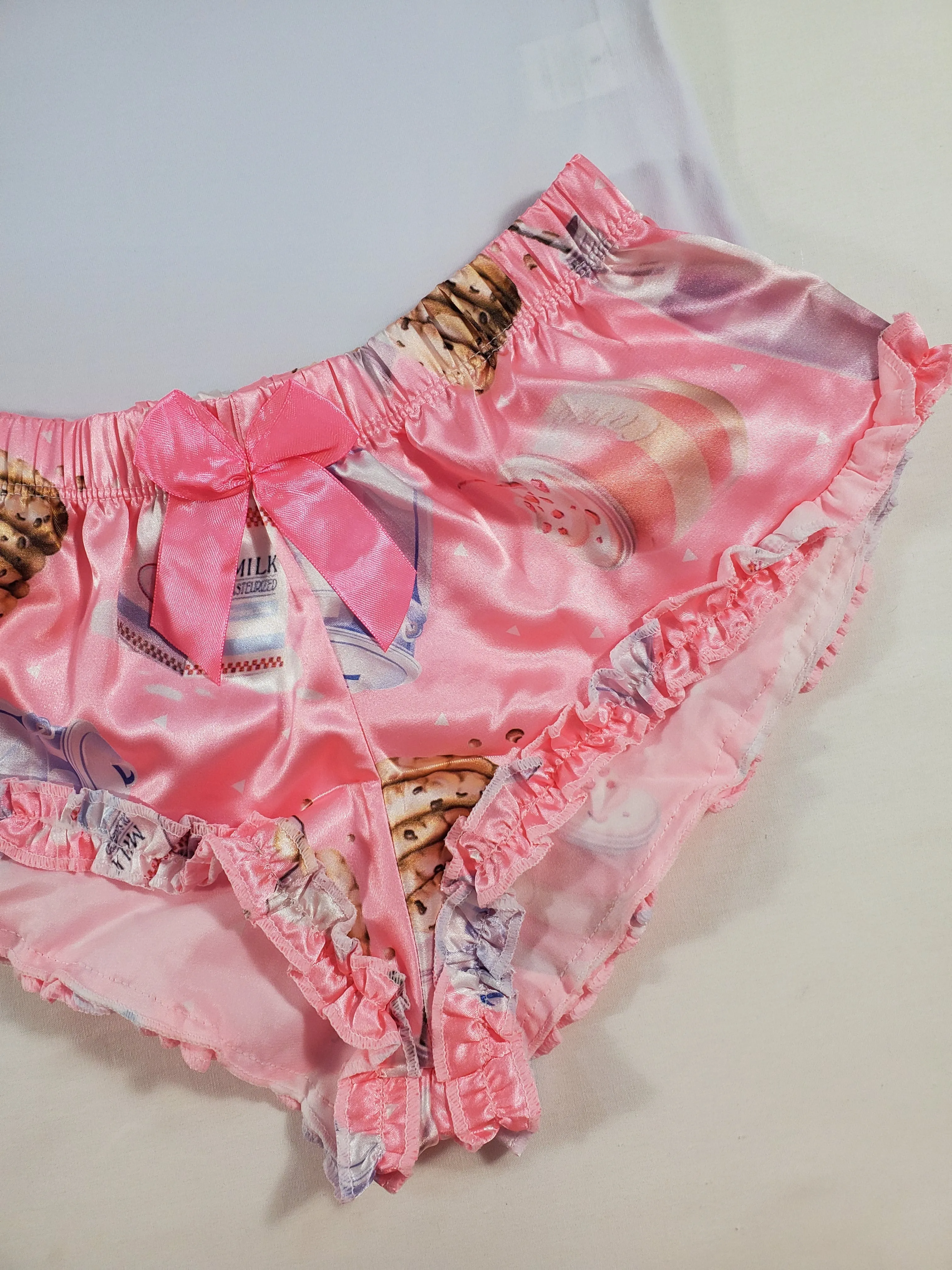 Women's Sexy pajama pink satin shorts cookies and milk theme white blouse