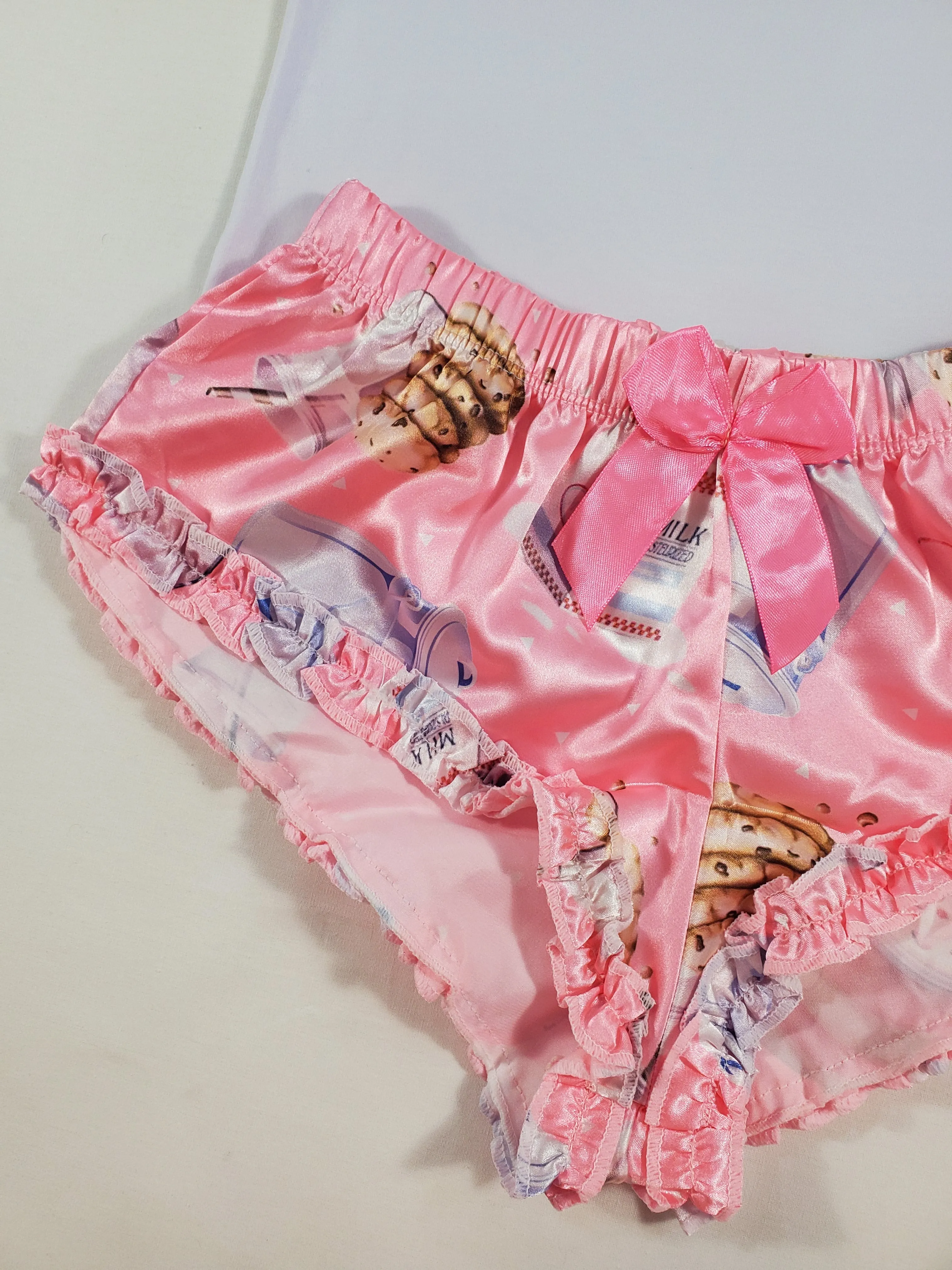 Women's Sexy pajama pink satin shorts cookies and milk theme white blouse