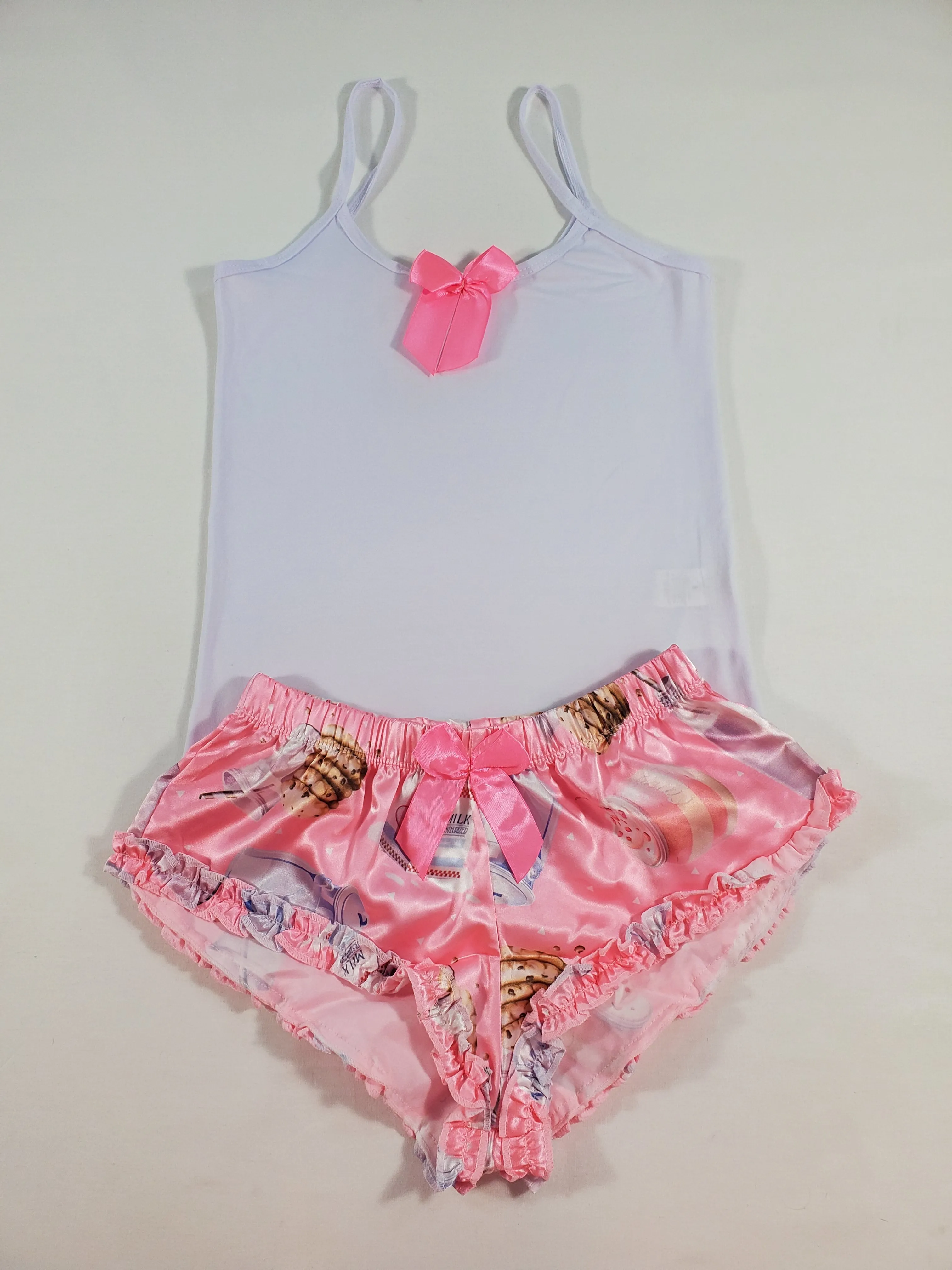 Women's Sexy pajama pink satin shorts cookies and milk theme white blouse