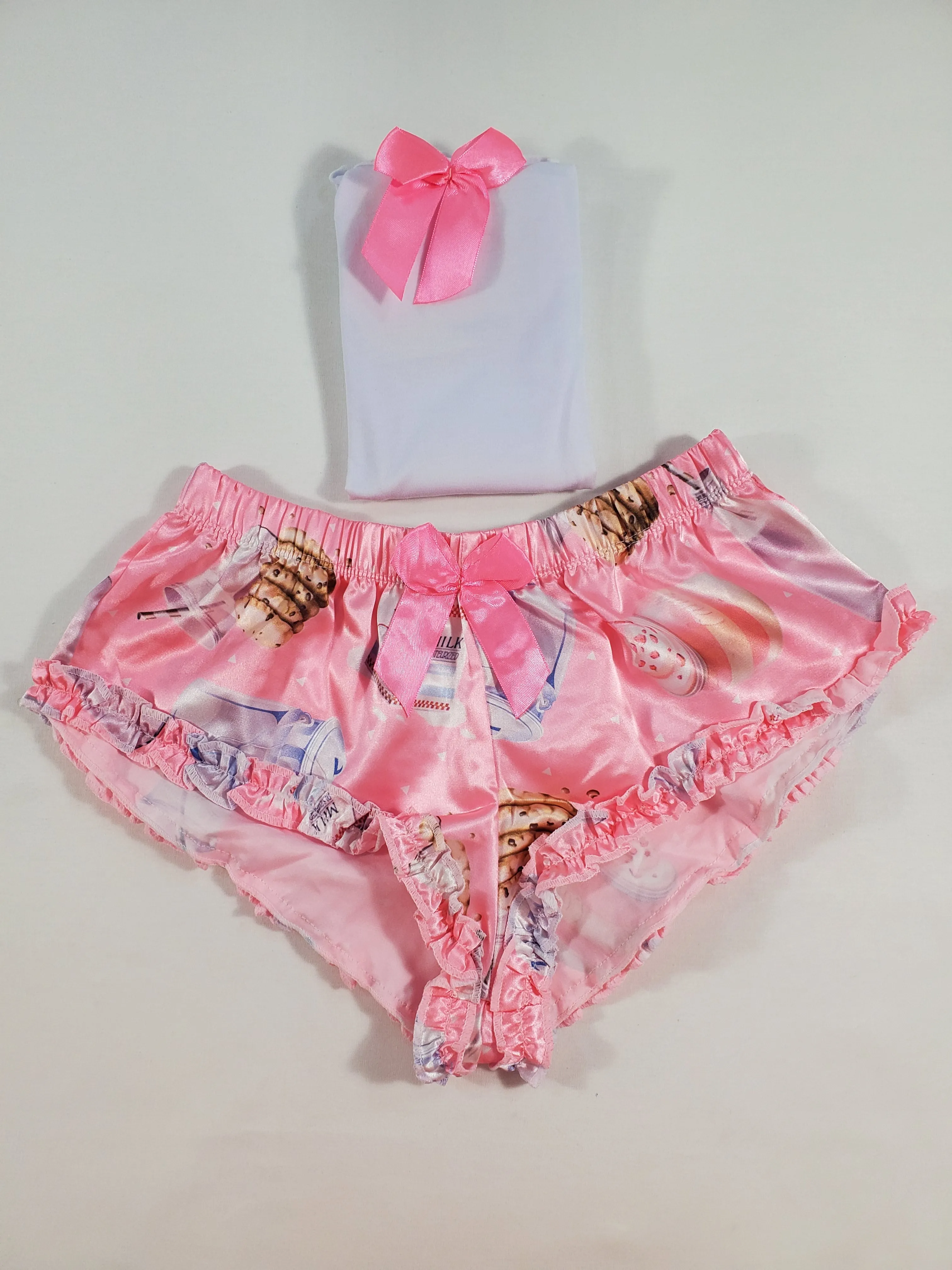 Women's Sexy pajama pink satin shorts cookies and milk theme white blouse