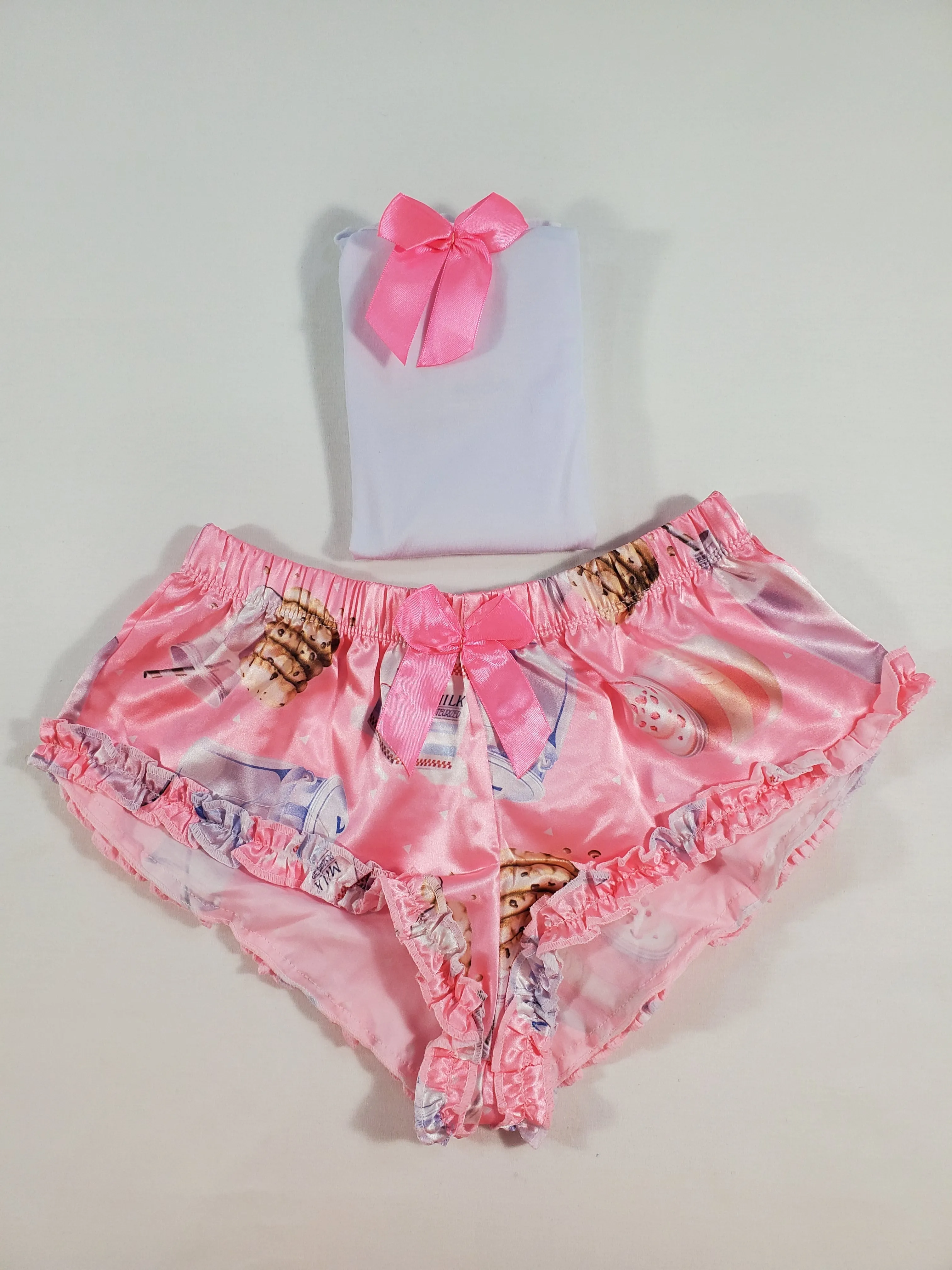 Women's Sexy pajama pink satin shorts cookies and milk theme white blouse