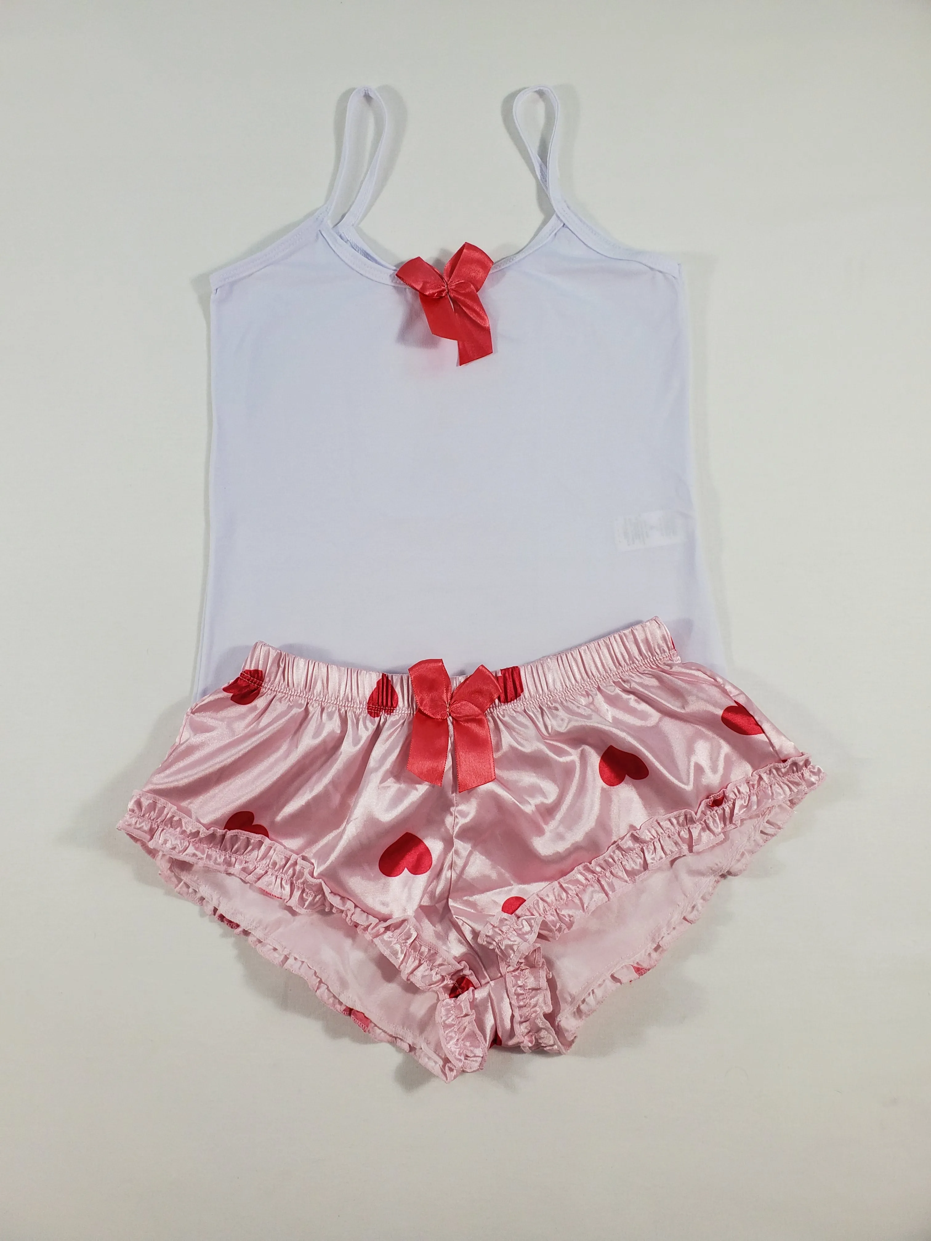 Women's Sexy pajama pink satin shorts with red hearts white blouse