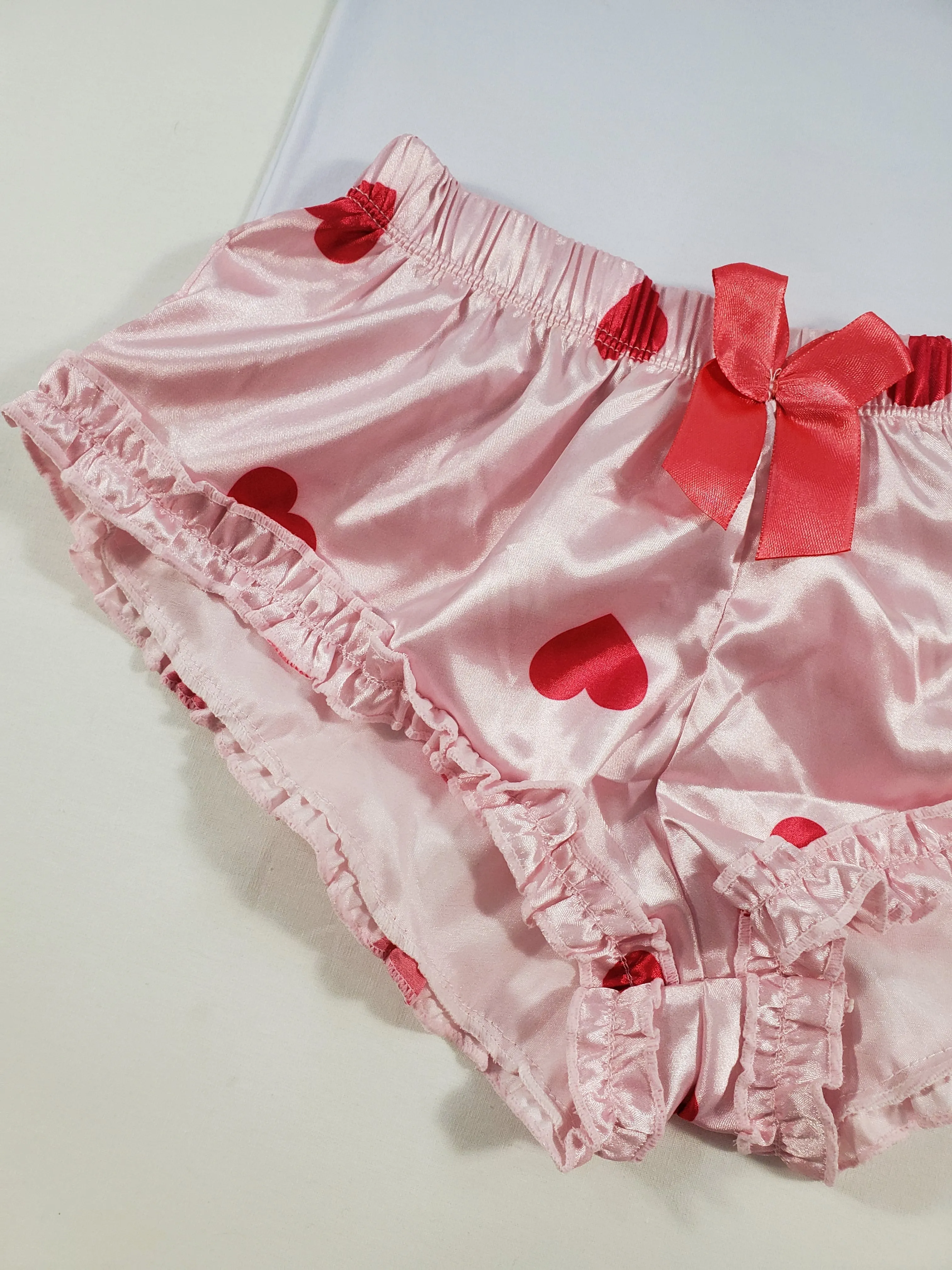Women's Sexy pajama pink satin shorts with red hearts white blouse