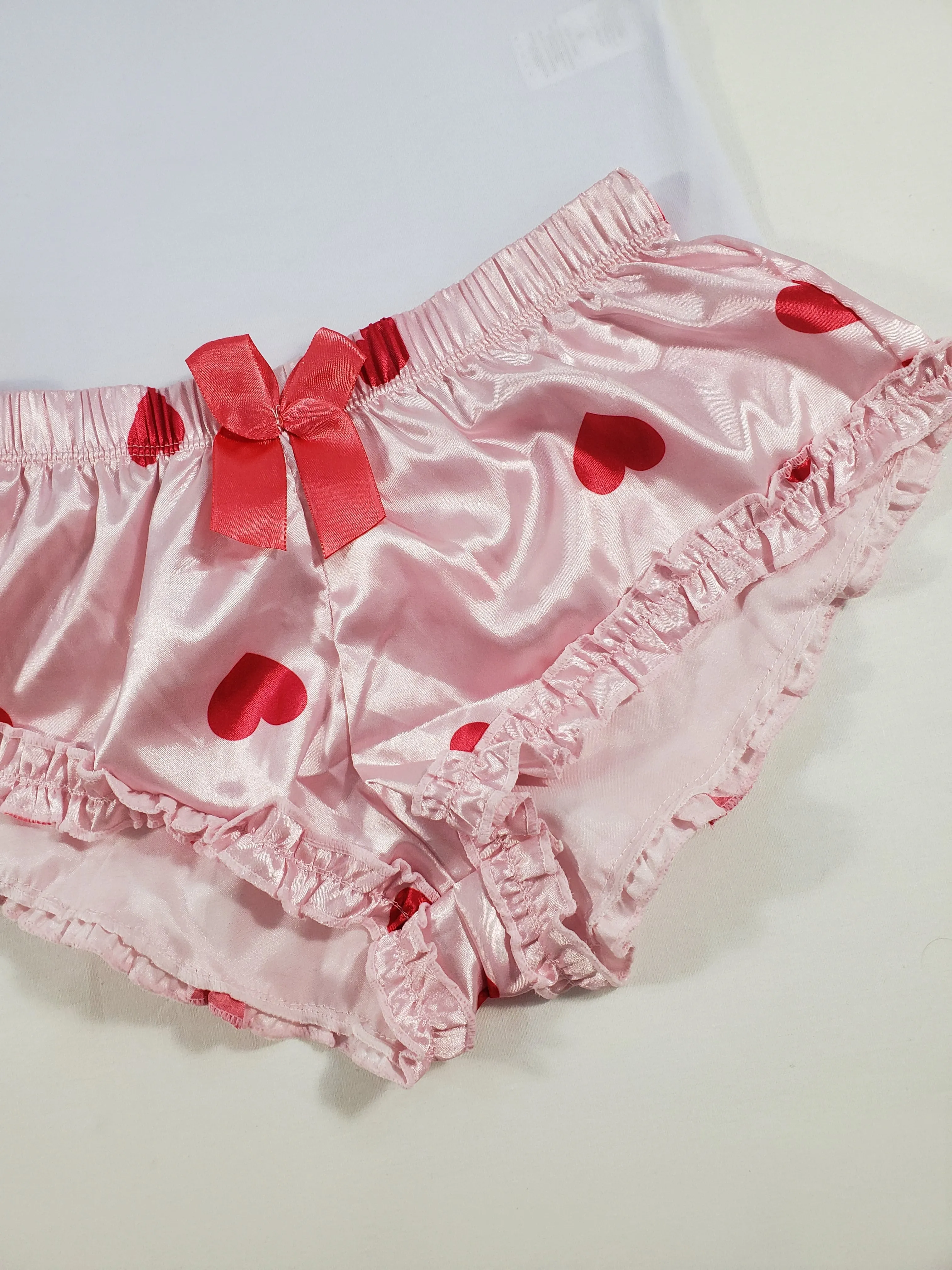 Women's Sexy pajama pink satin shorts with red hearts white blouse