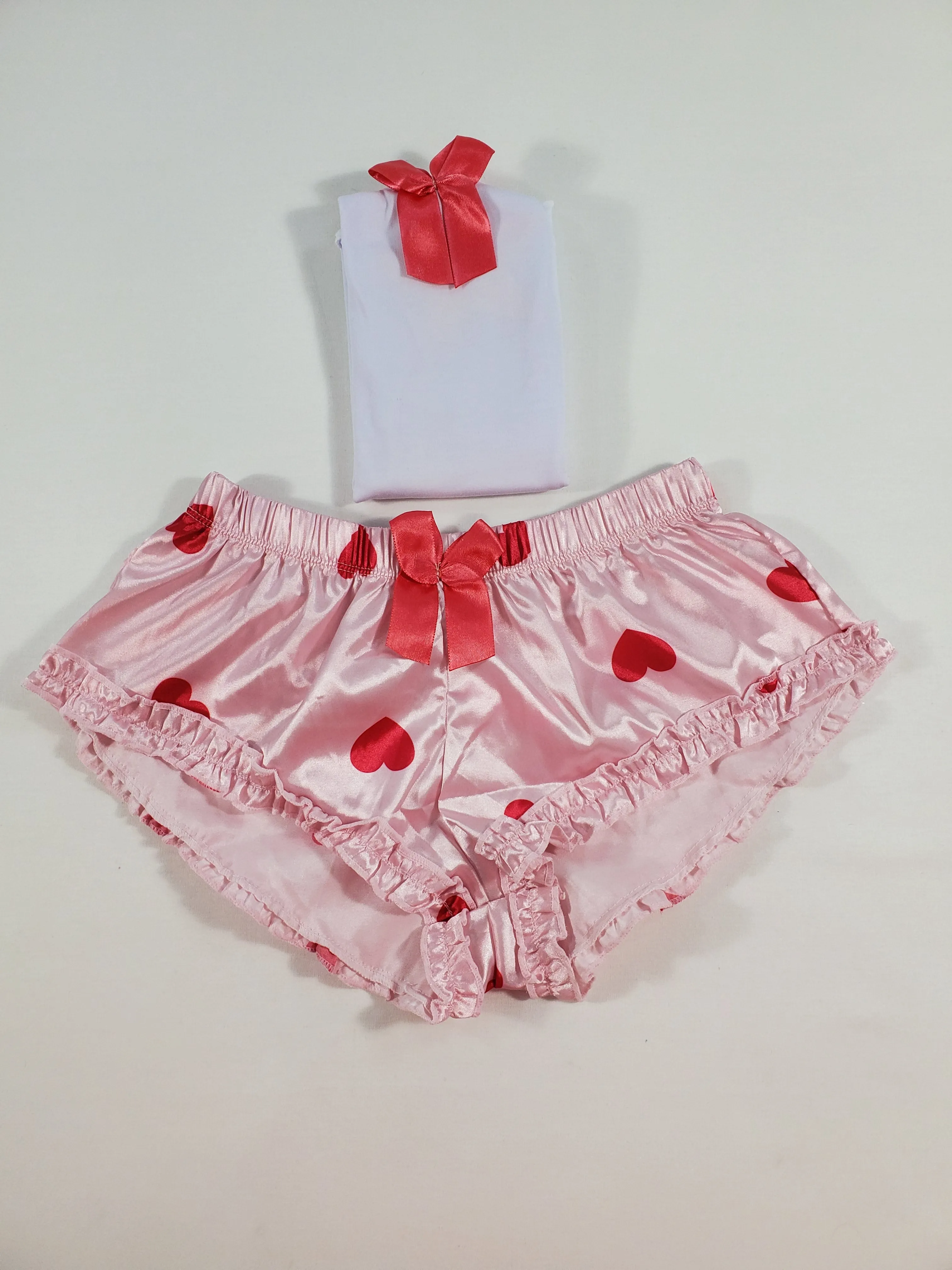 Women's Sexy pajama pink satin shorts with red hearts white blouse