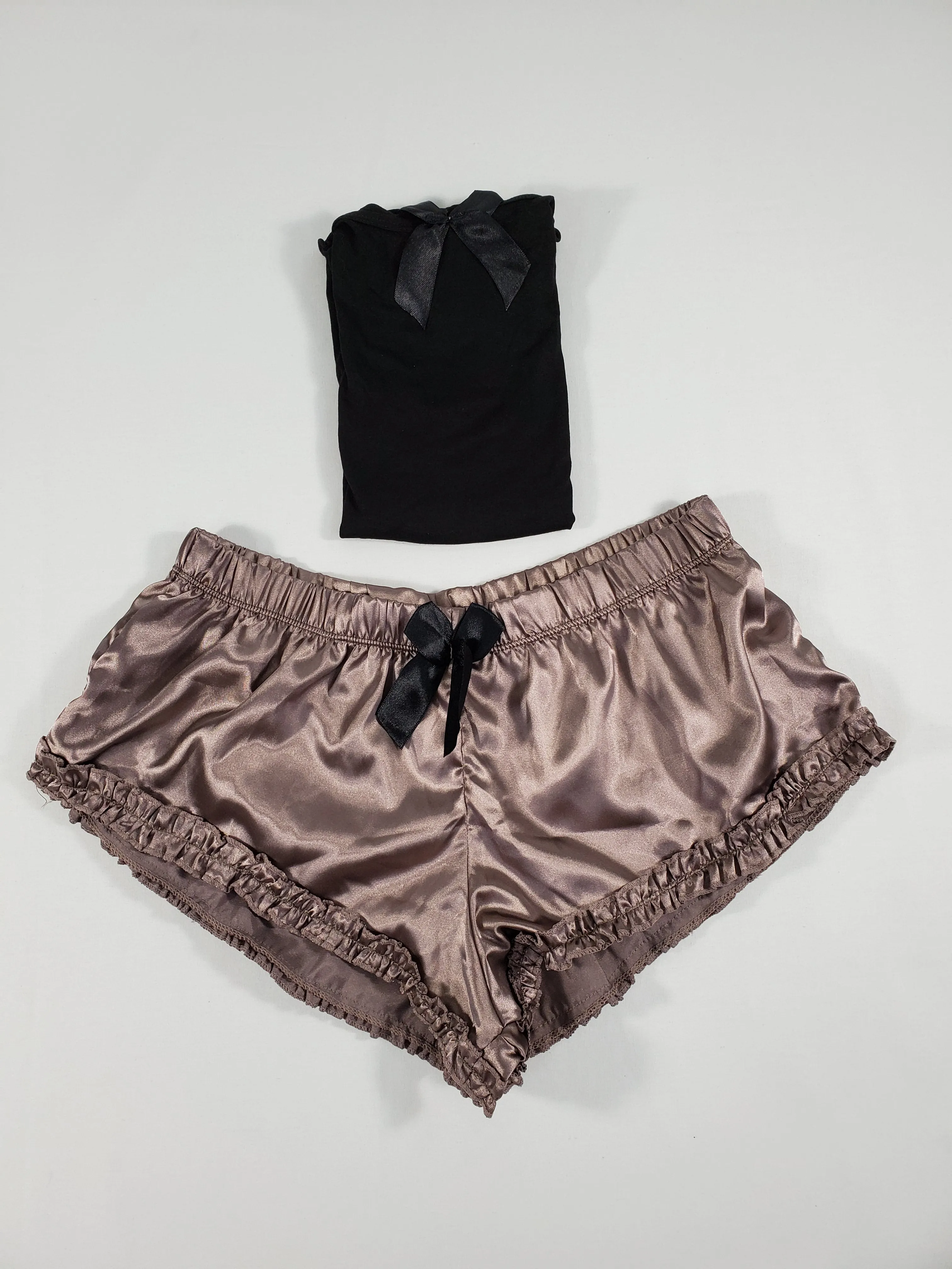 Women's Sexy satin pajama set light brown shorts black blouse