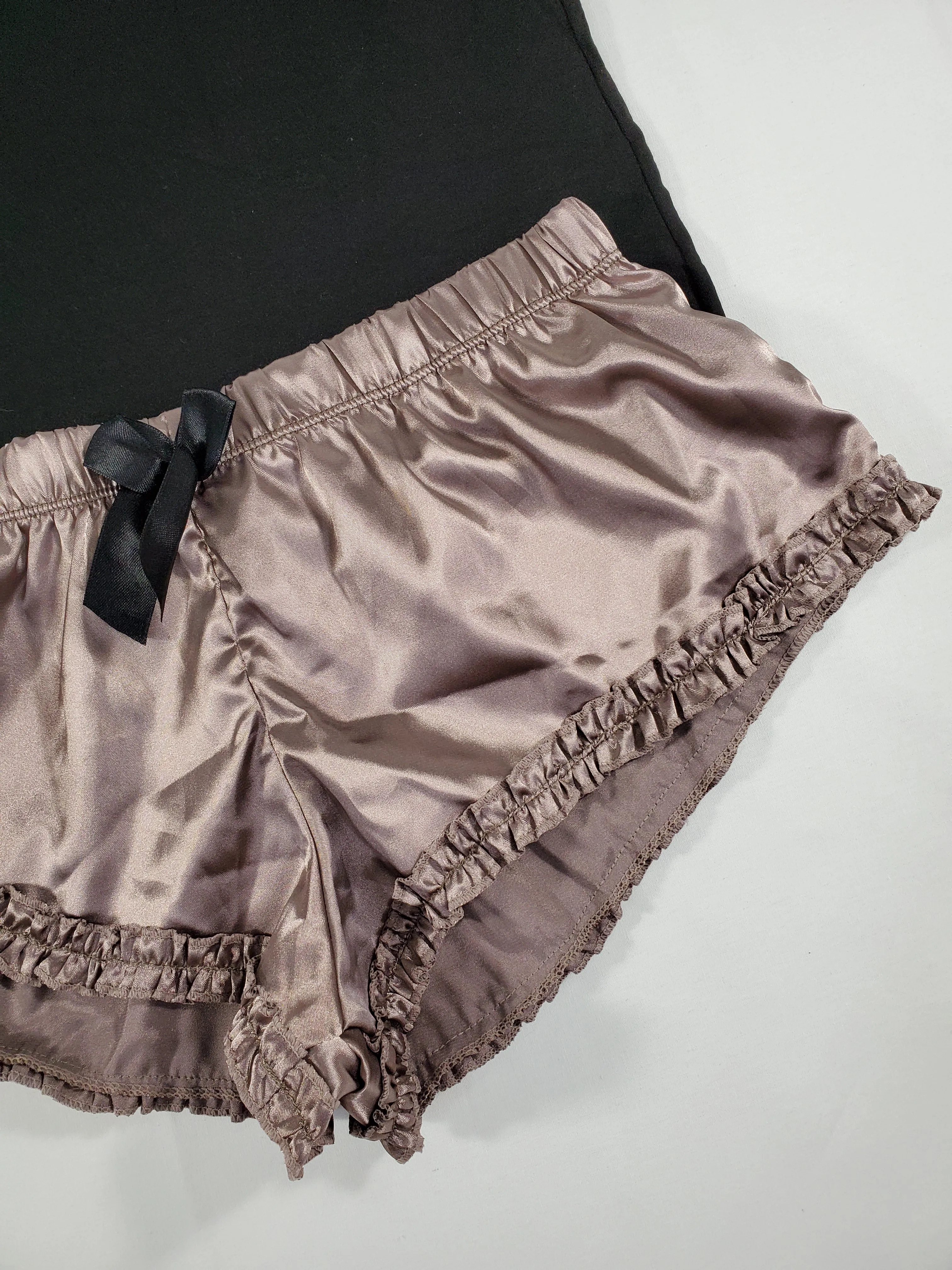 Women's Sexy satin pajama set light brown shorts black blouse