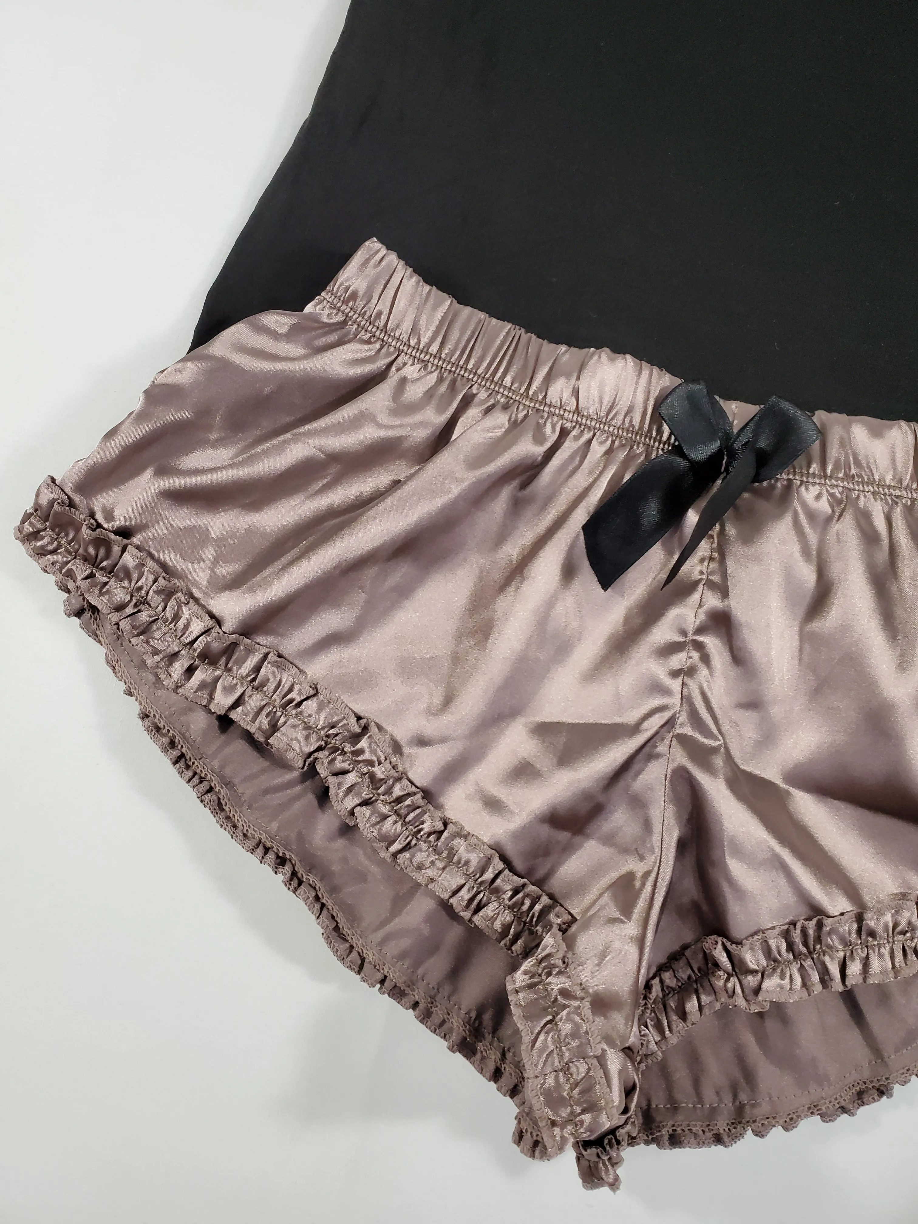 Women's Sexy satin pajama set light brown shorts black blouse