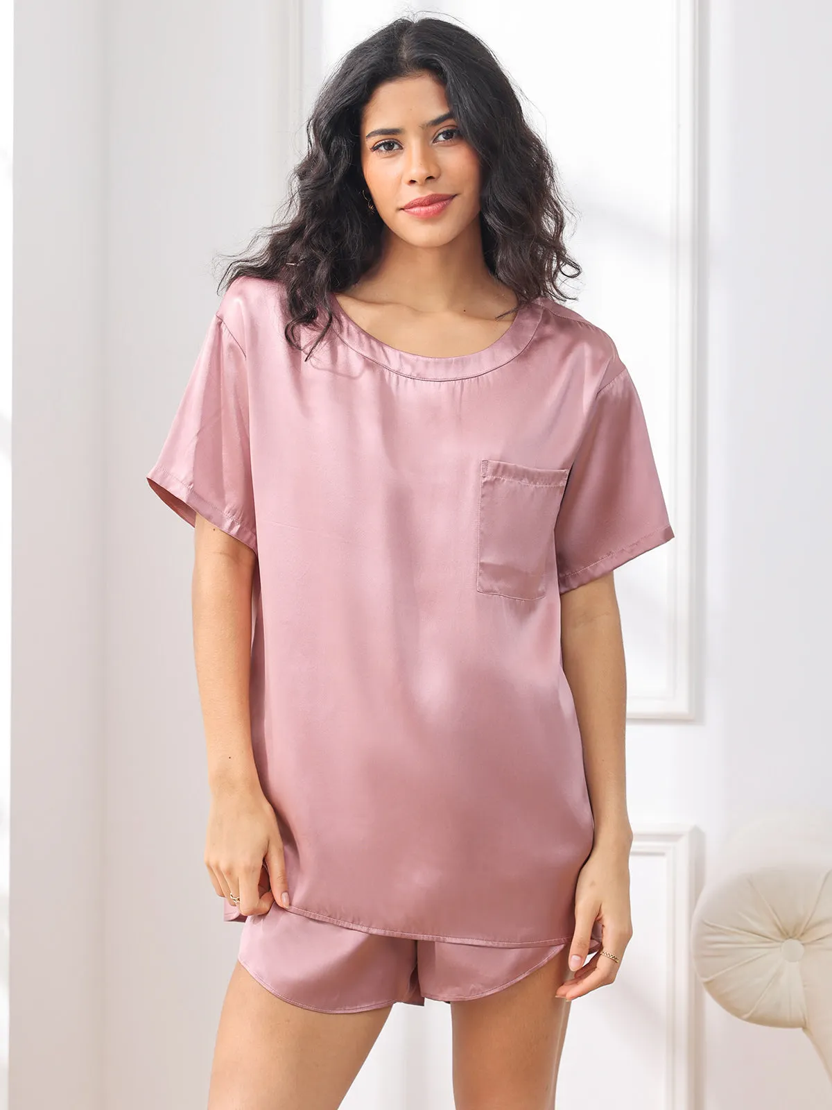 Women's Silk Oversized Tee Short Pajama Set