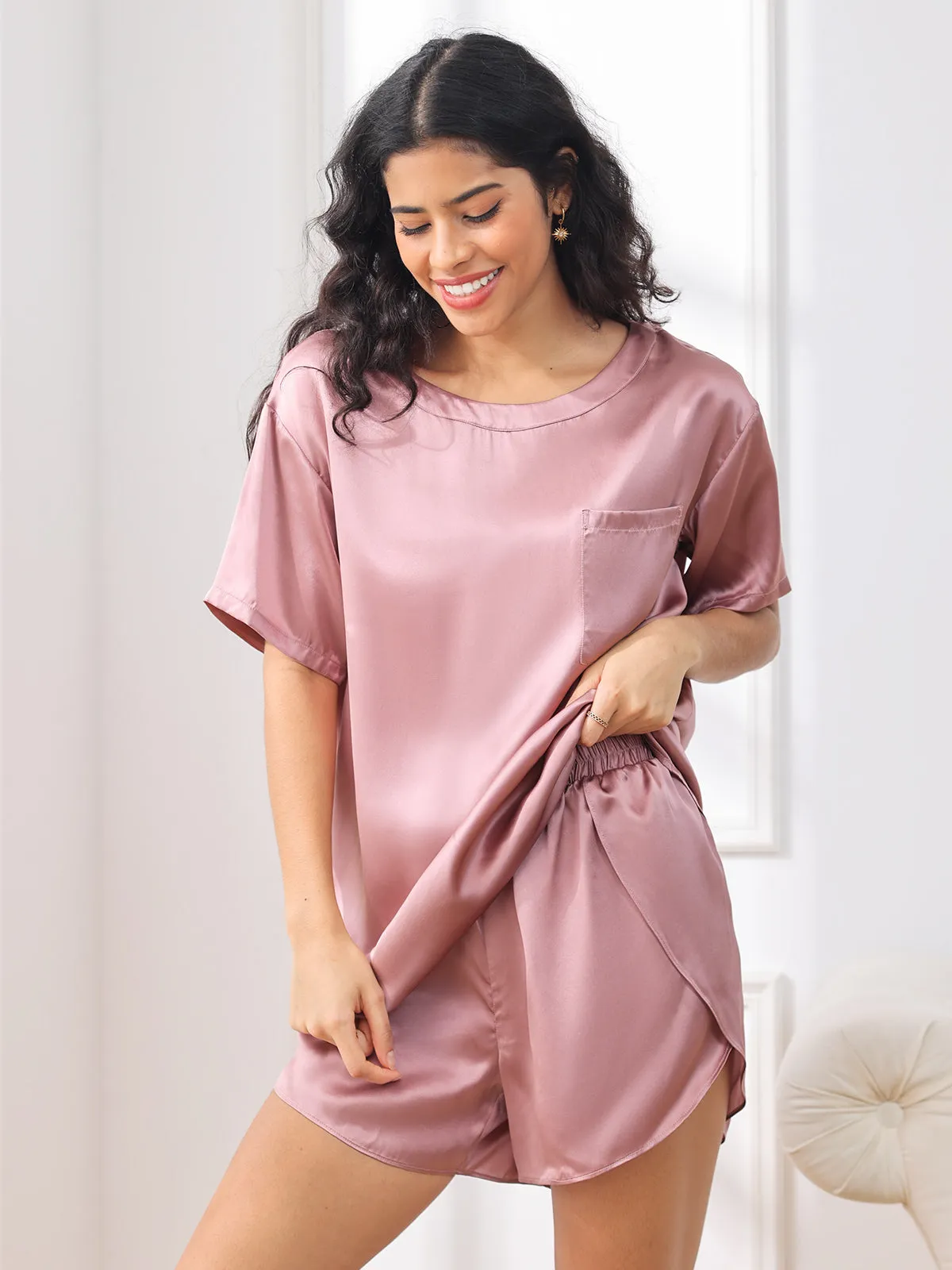 Women's Silk Oversized Tee Short Pajama Set