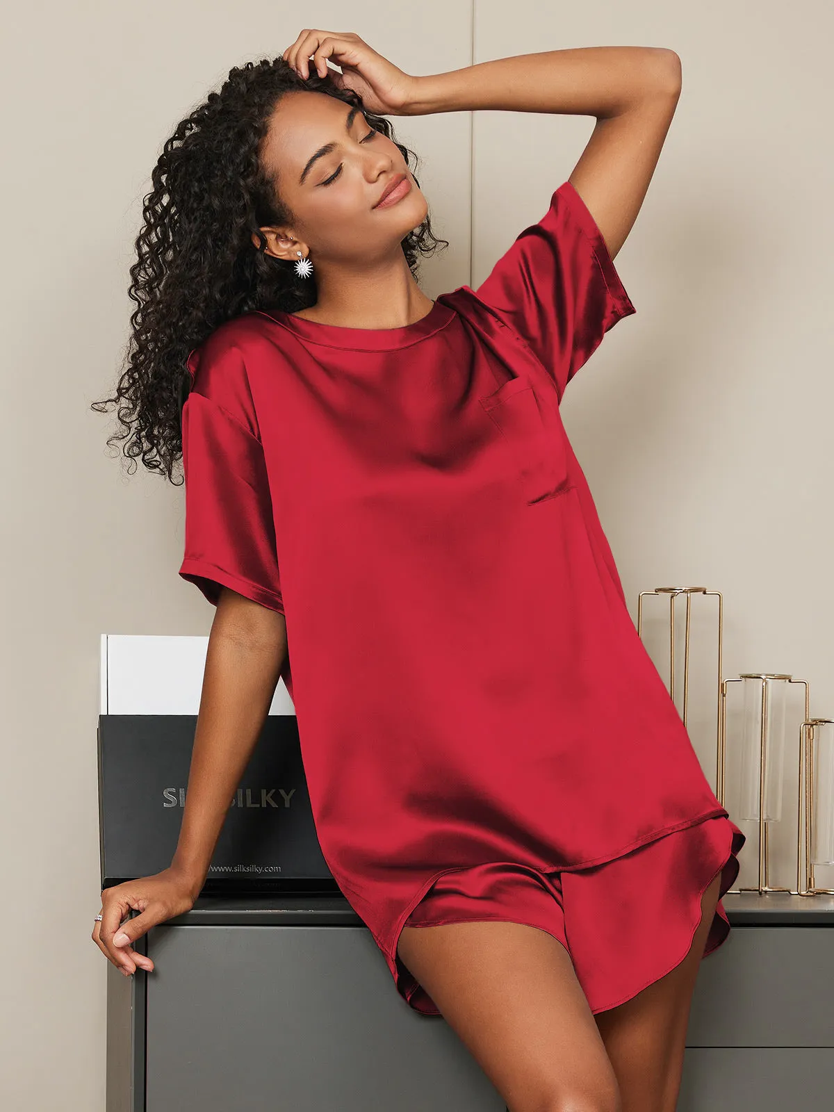 Women's Silk Oversized Tee Short Pajama Set