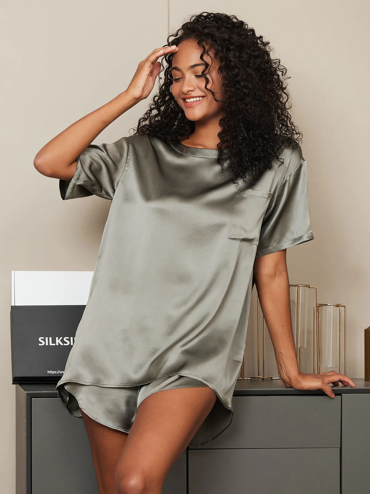 Women's Silk Oversized Tee Short Pajama Set