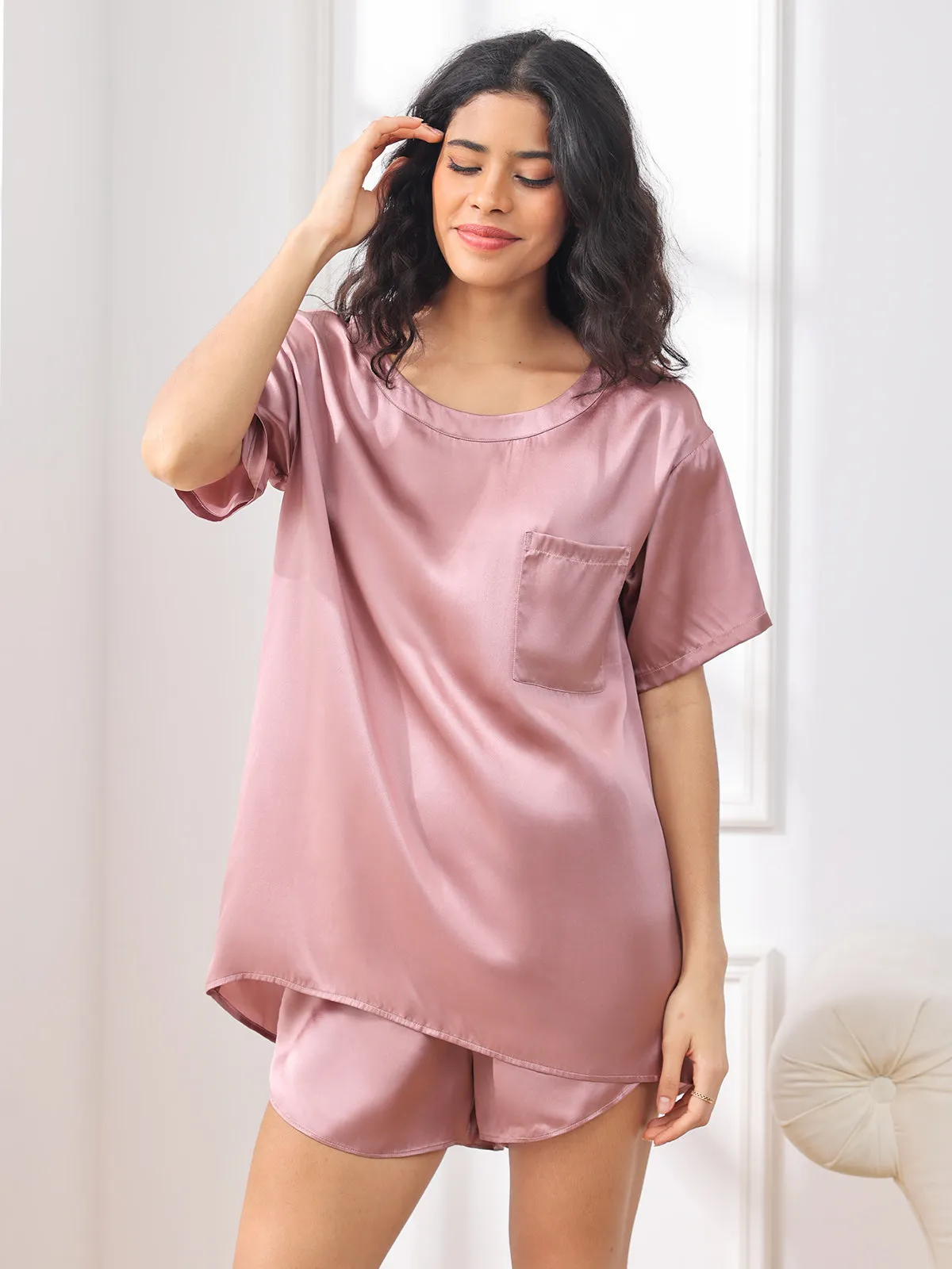 Women's Silk Oversized Tee Short Pajama Set