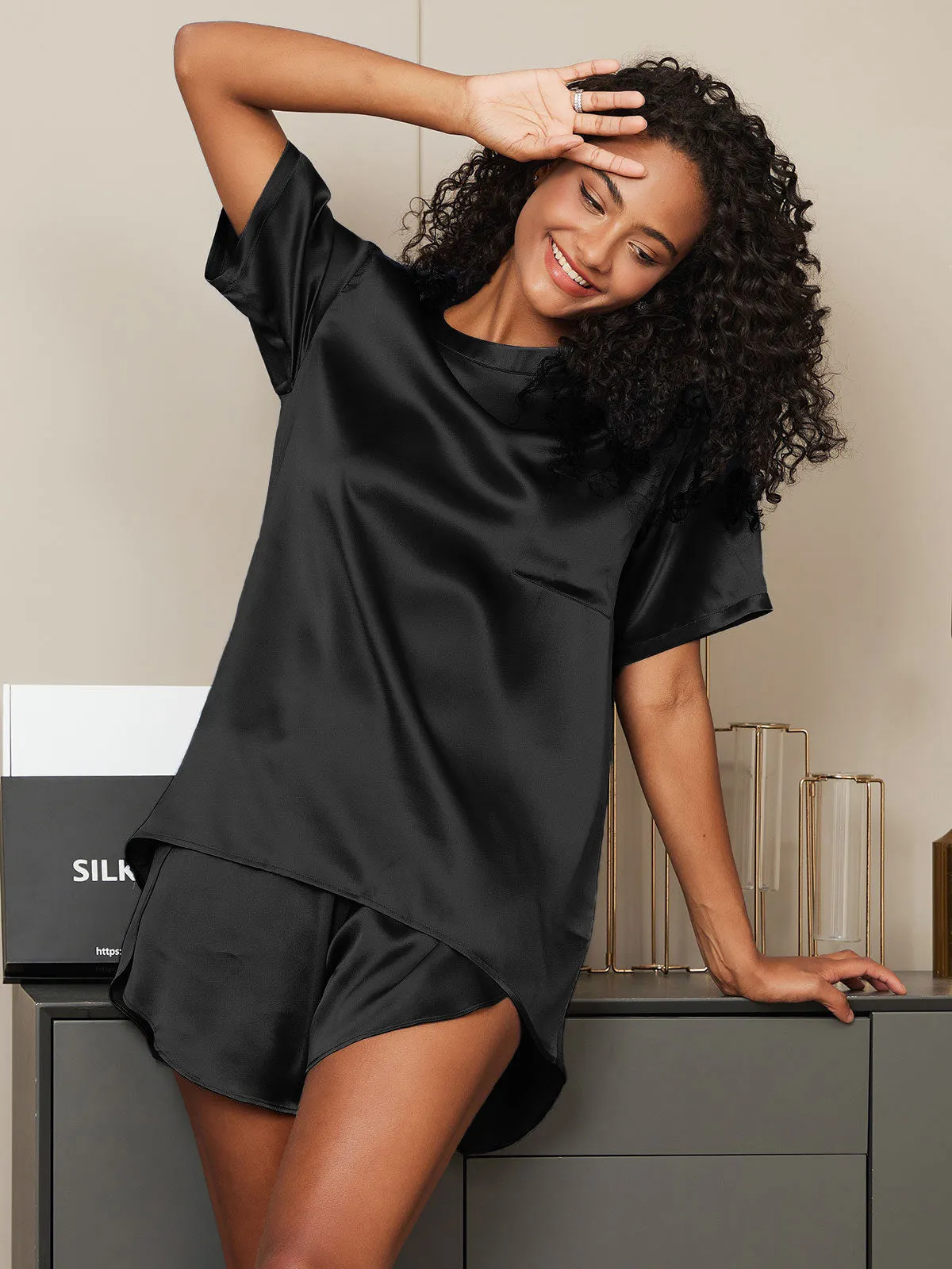 Women's Silk Oversized Tee Short Pajama Set