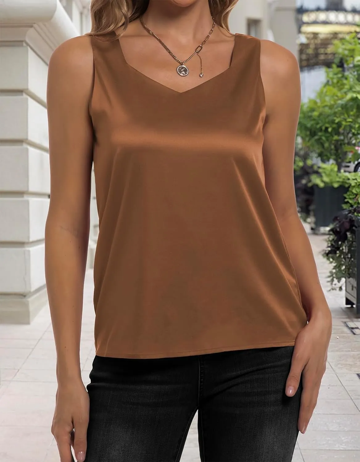 Women's Silk Satin Tank Tops V Neck Camisole Casual Cami Sleeveless Shirt Blouses Silky Basic Tanks
