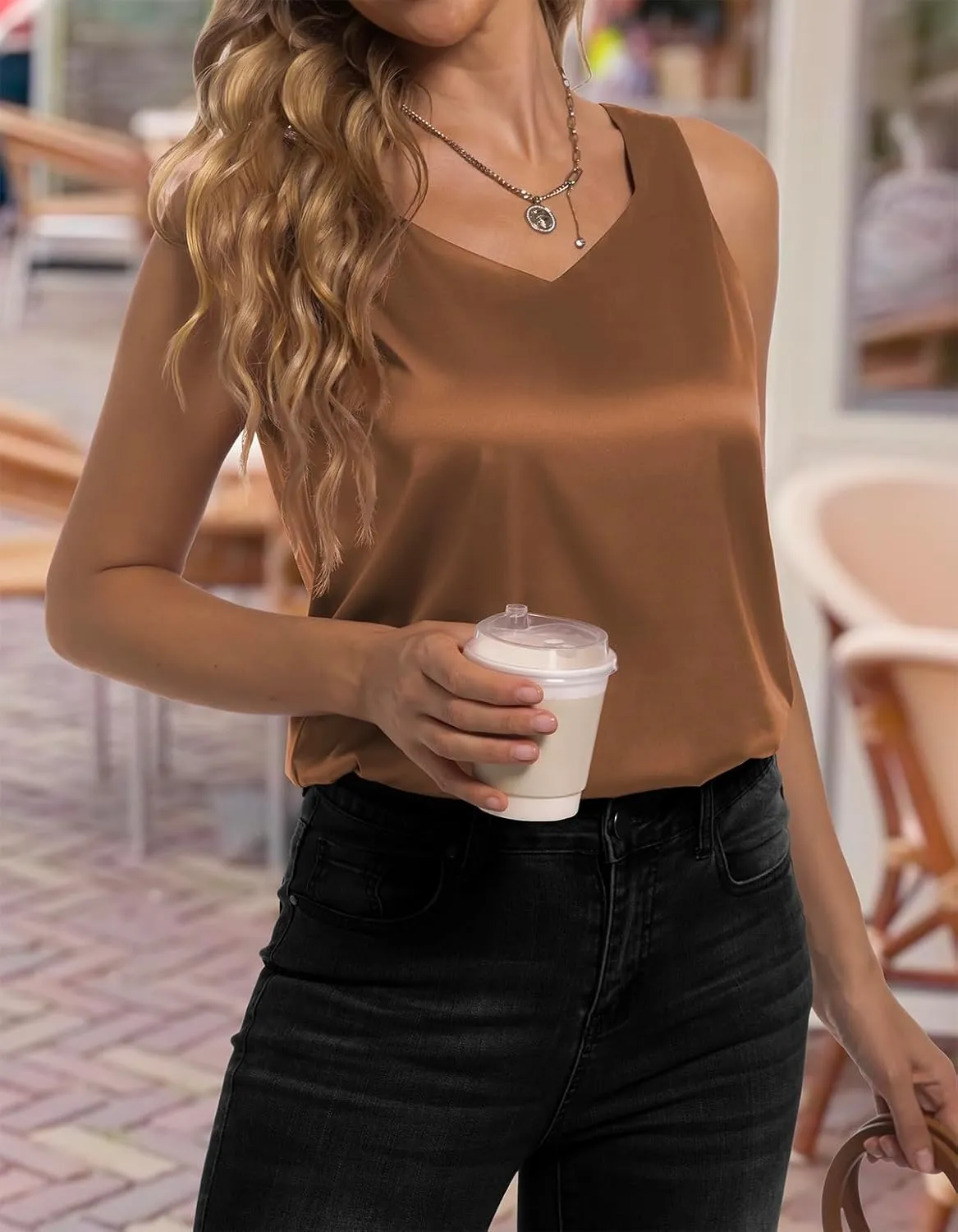 Women's Silk Satin Tank Tops V Neck Camisole Casual Cami Sleeveless Shirt Blouses Silky Basic Tanks