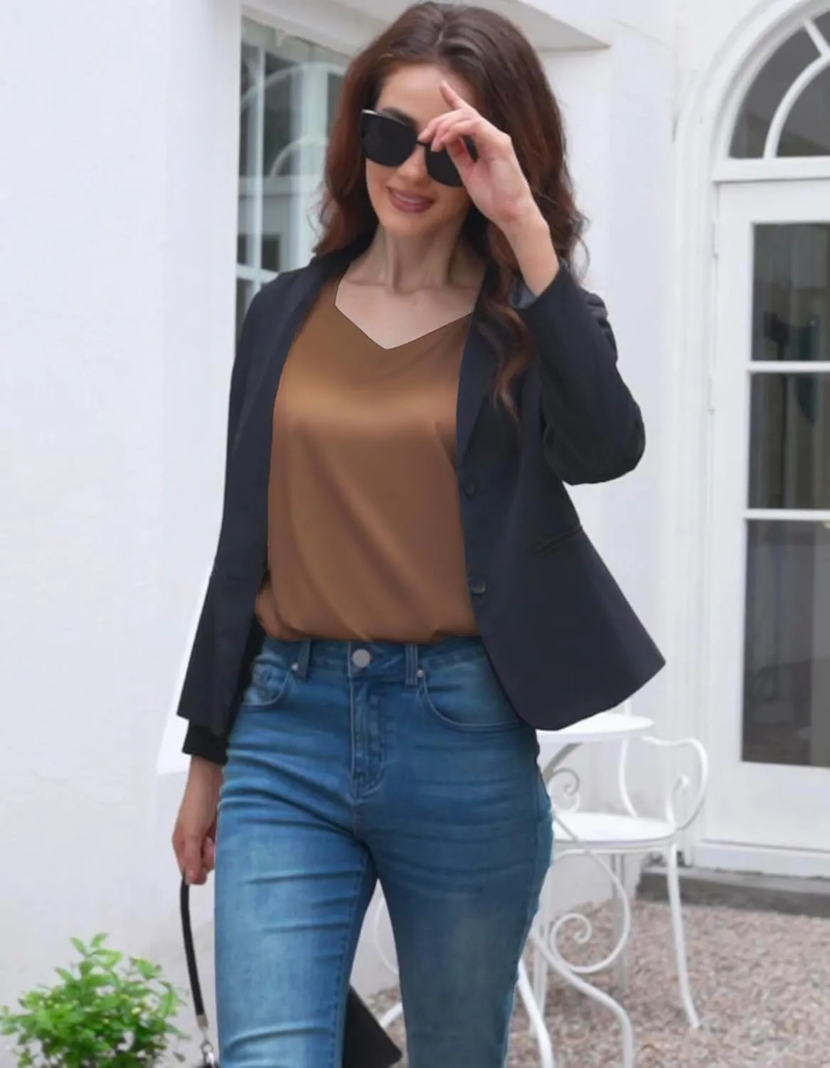 Women's Silk Satin Tank Tops V Neck Camisole Casual Cami Sleeveless Shirt Blouses Silky Basic Tanks