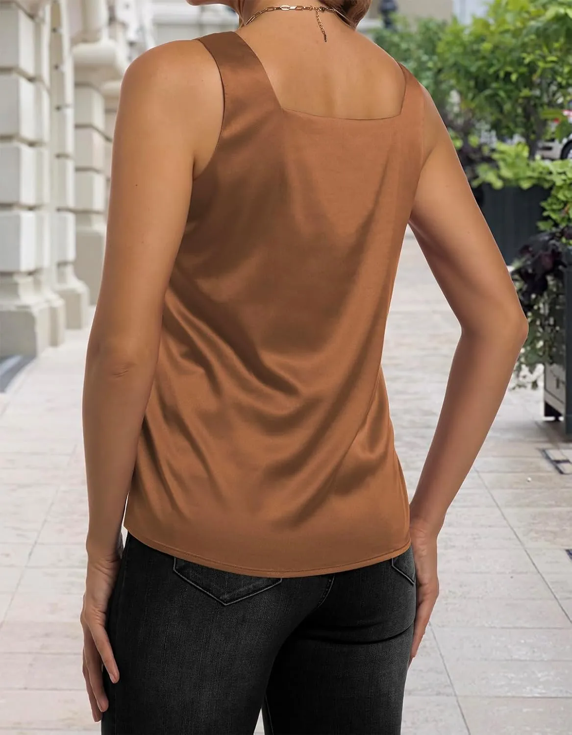 Women's Silk Satin Tank Tops V Neck Camisole Casual Cami Sleeveless Shirt Blouses Silky Basic Tanks