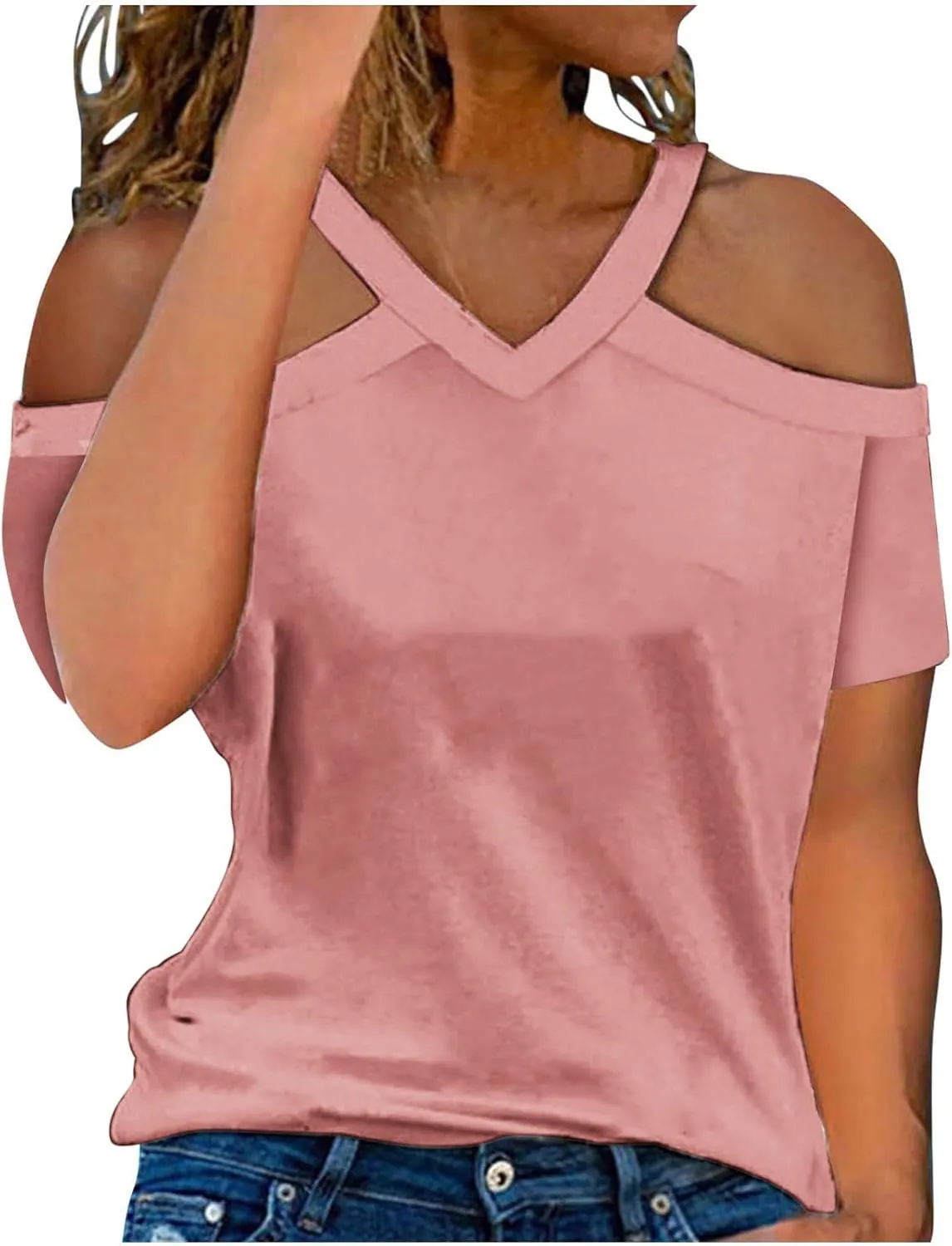 Womens Summer Cold Shoulder Tshirts Casual V Neck Tops Short Sleeve Loose Fit Blouse Trendy Solid Clothing 2025
