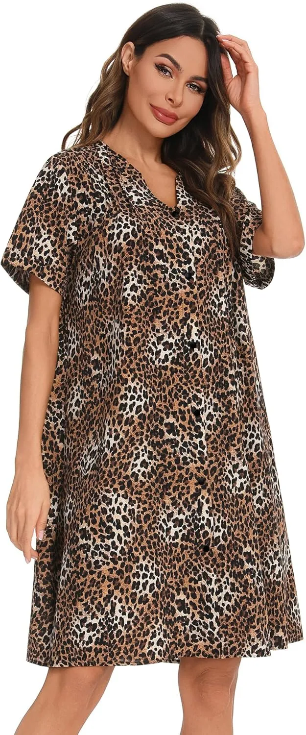 YOZLY House Dress Women Cotton Duster Robe Short Sleeve Housecoat Button Down Nightgown