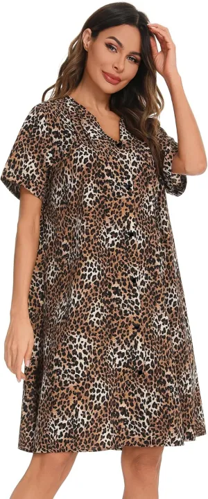 YOZLY House Dress Women Cotton Duster Robe Short Sleeve Housecoat Button Down Nightgown