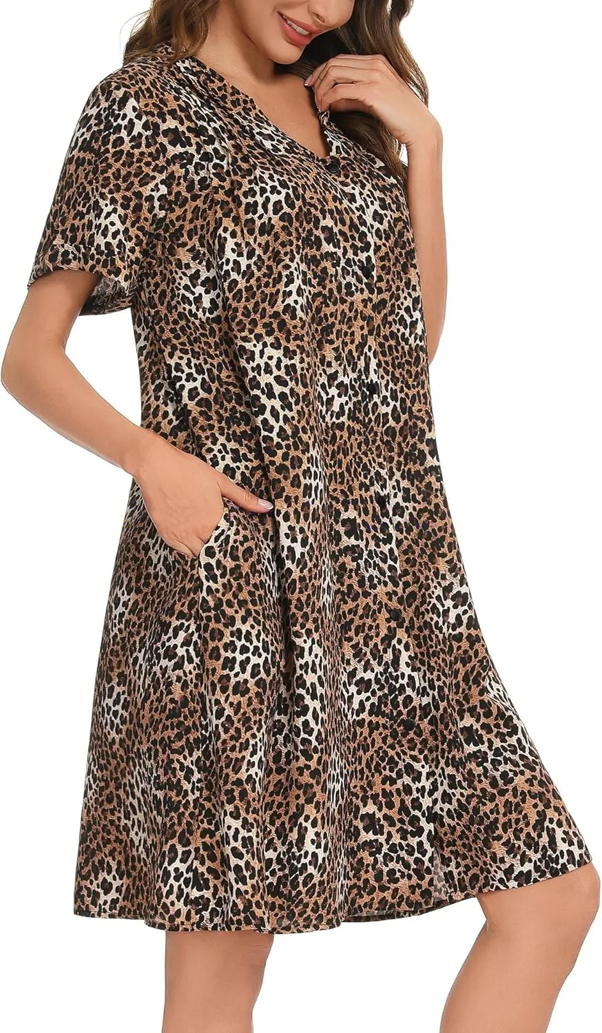 YOZLY House Dress Women Cotton Duster Robe Short Sleeve Housecoat Button Down Nightgown